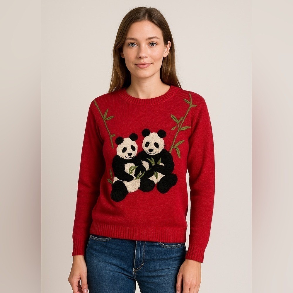 Charming Vintage Red Panda Crewneck Pullover Knit Sweater Women's Size M